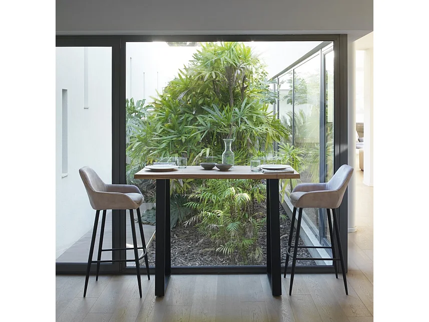 Table de bar haute 130x70 en bois massif d'acacia avec pieds métalliques noirs