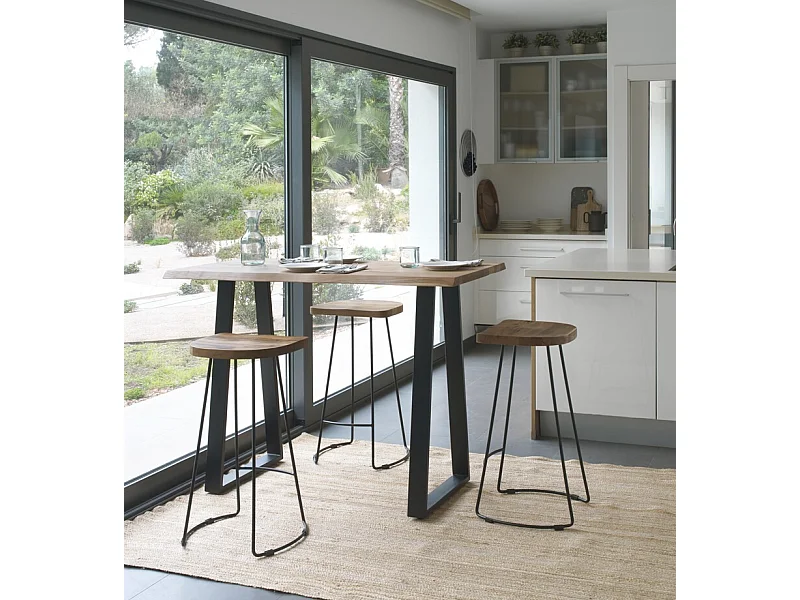 Mesa de bar alta 130x70 em madeira maciça de acácia com pés de metal preto