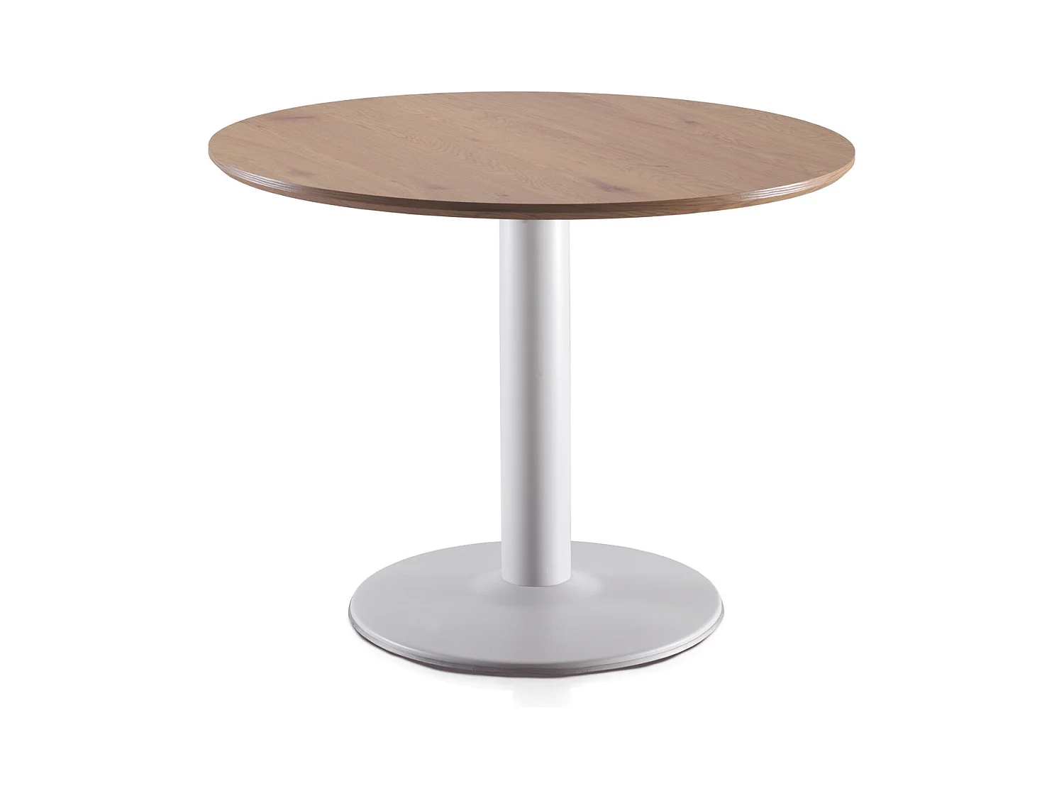 Mesa de melamina efecto fresno con pie central metálico blanco 100 diámetro