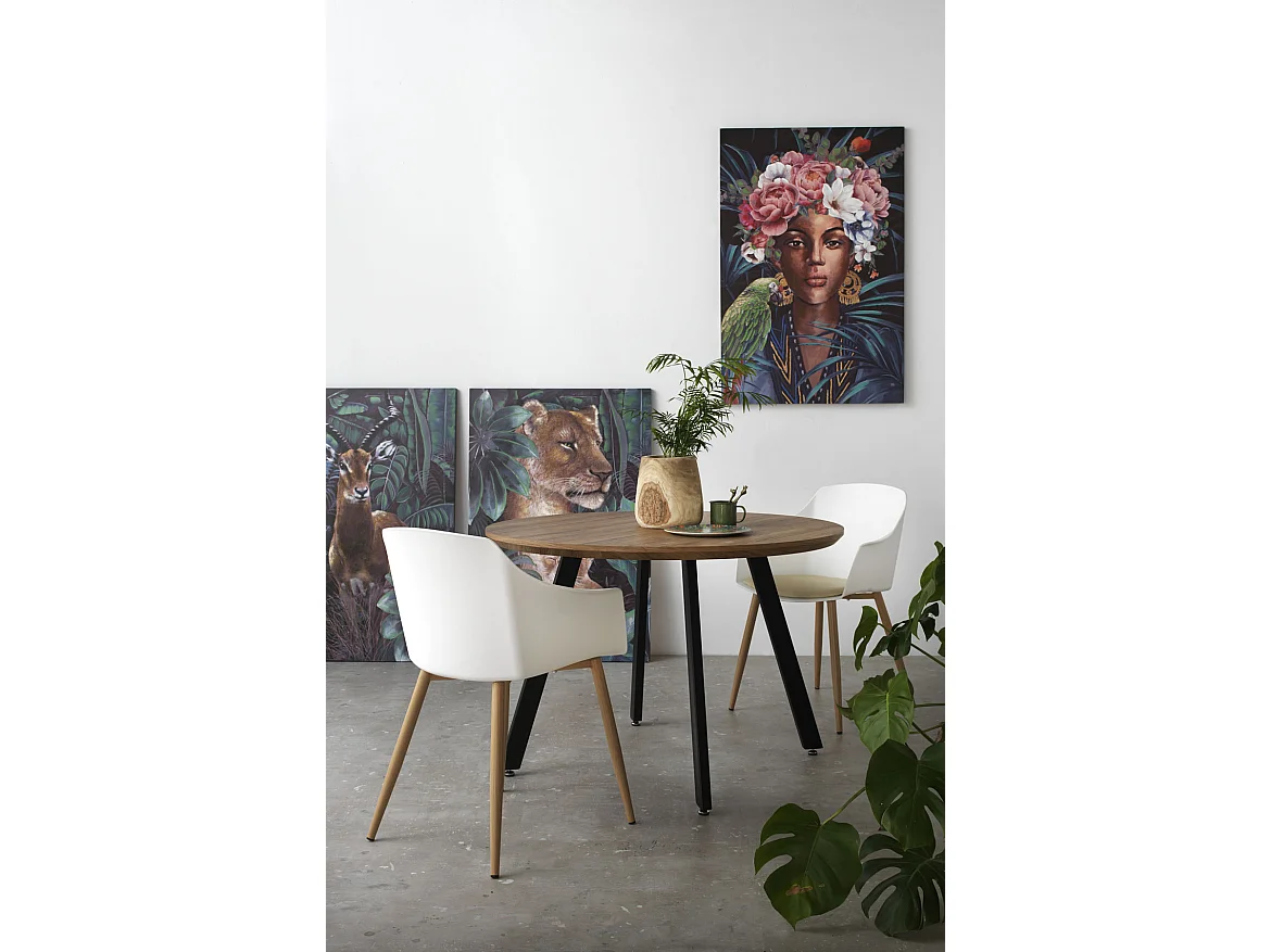 Table en mélamine effet chêne avec pieds métalliques 110 cm de diamètre