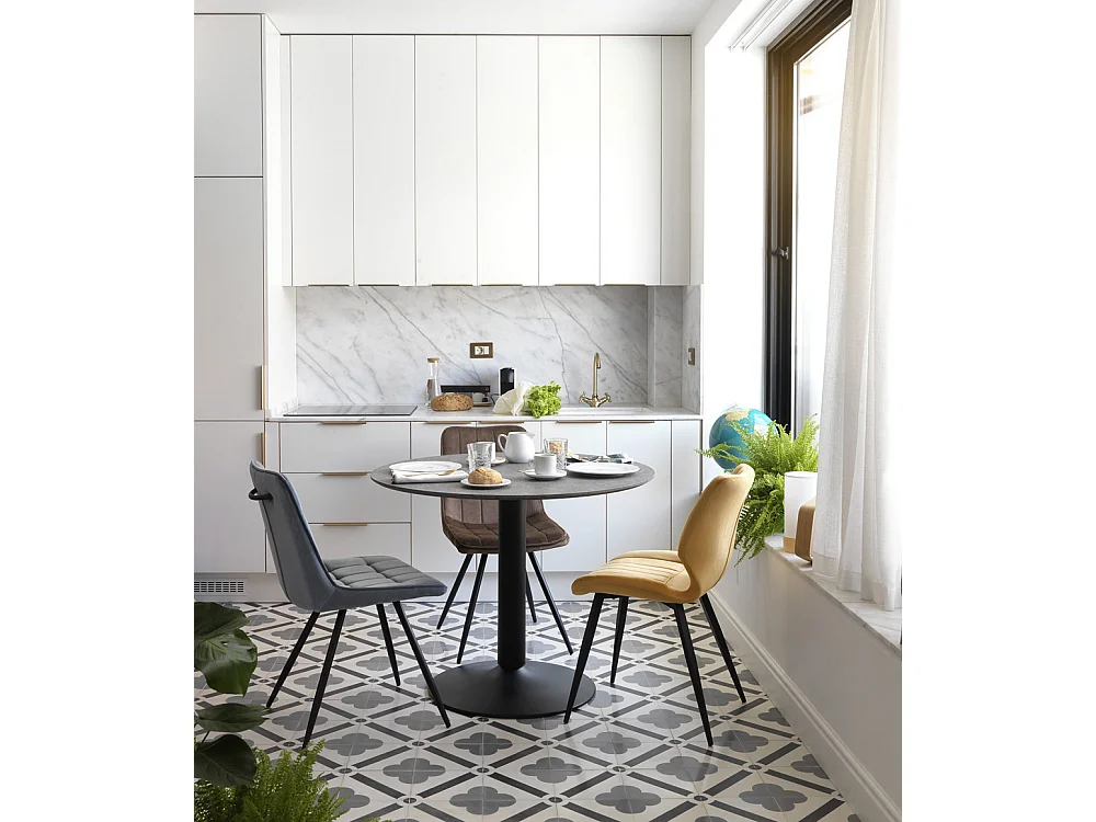 Mesa de melamina color gris con pie central metálico negro 100 diámetro