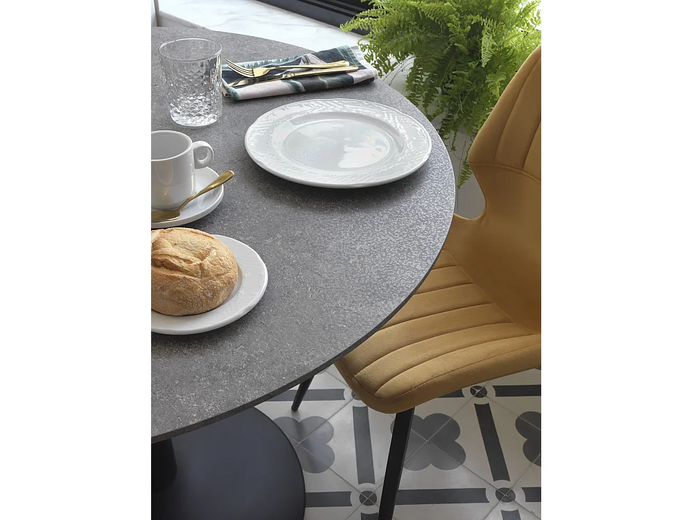 Mesa de melamina color gris con pie central metálico negro 100 diámetro