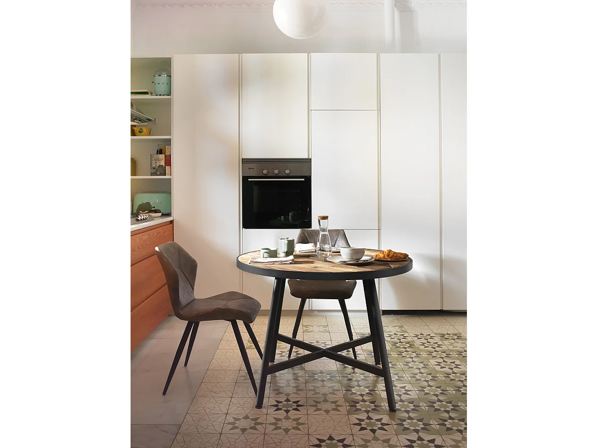 Mesa de madera reciclada 100 cm diámetro con pie metalico negro