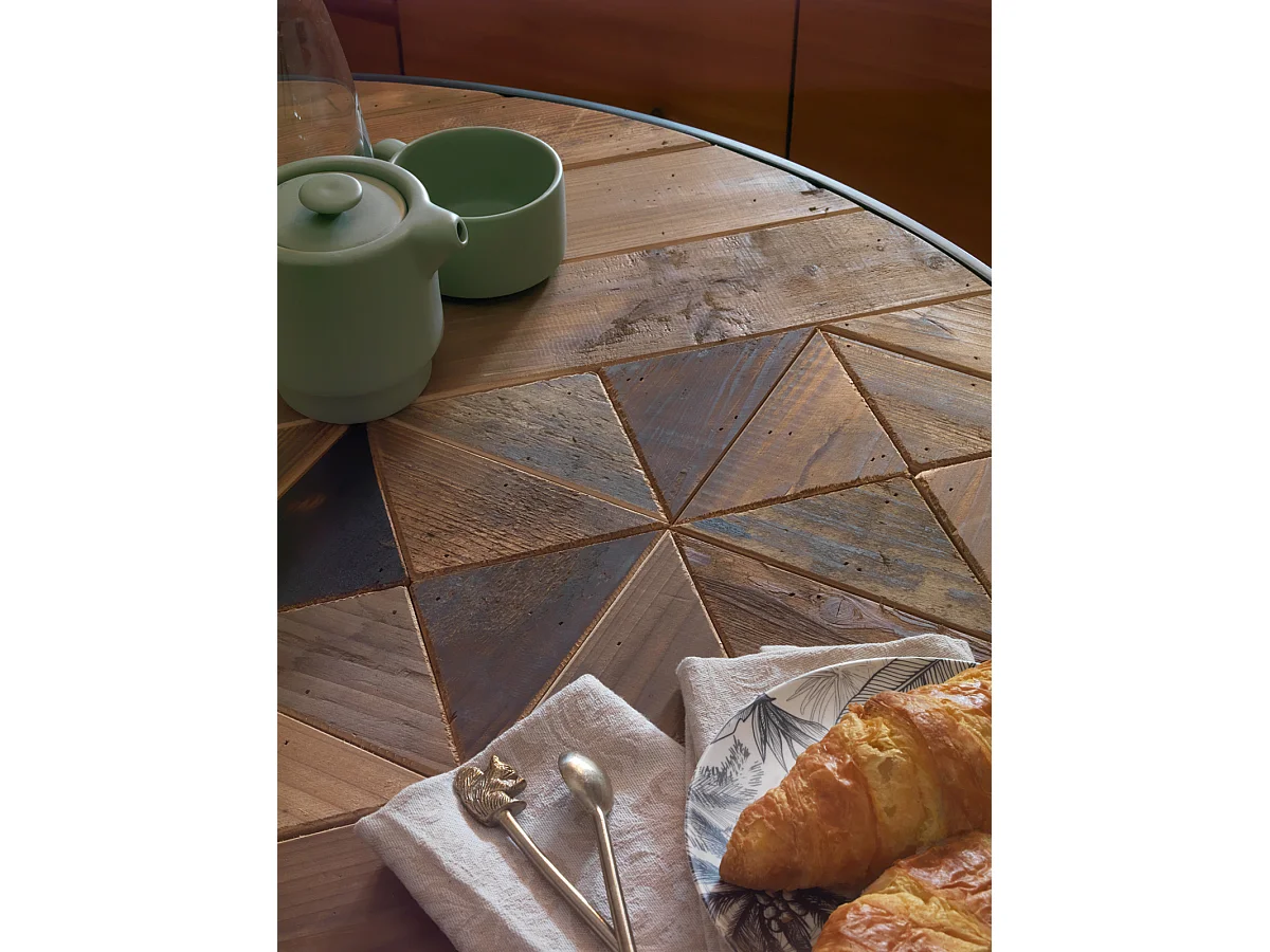 Mesa de madera reciclada 100 cm diámetro con pie metalico negro