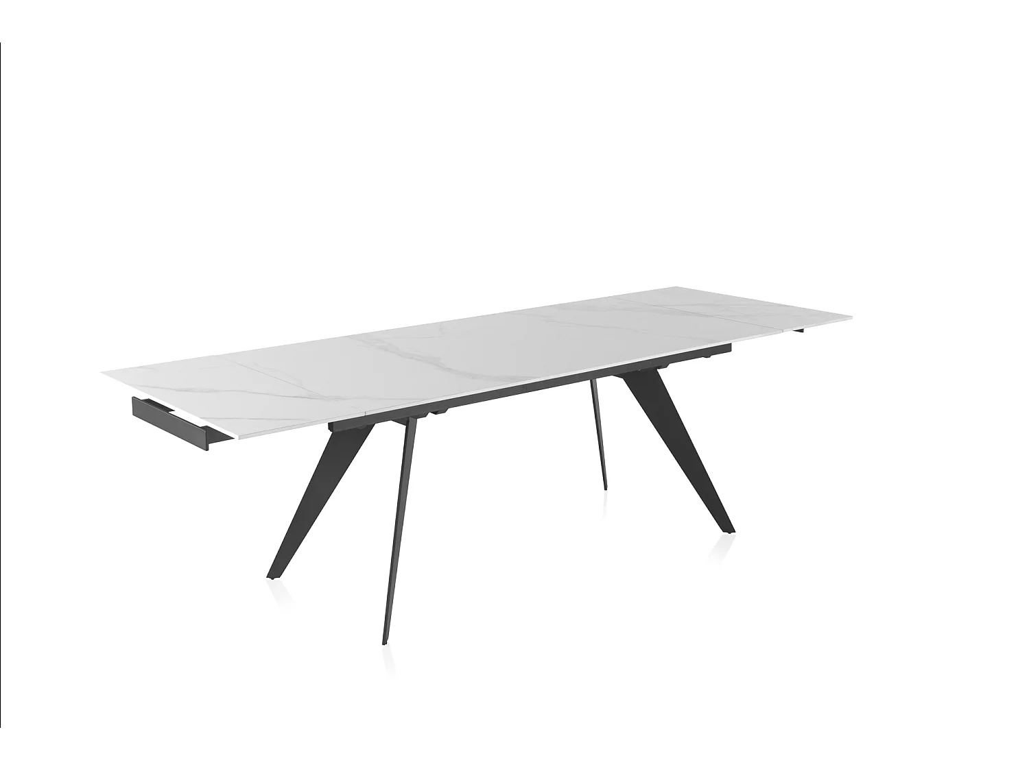 Ausziehtisch 180/260x95 aus weißer Keramik mit schwarzem Metallgestell