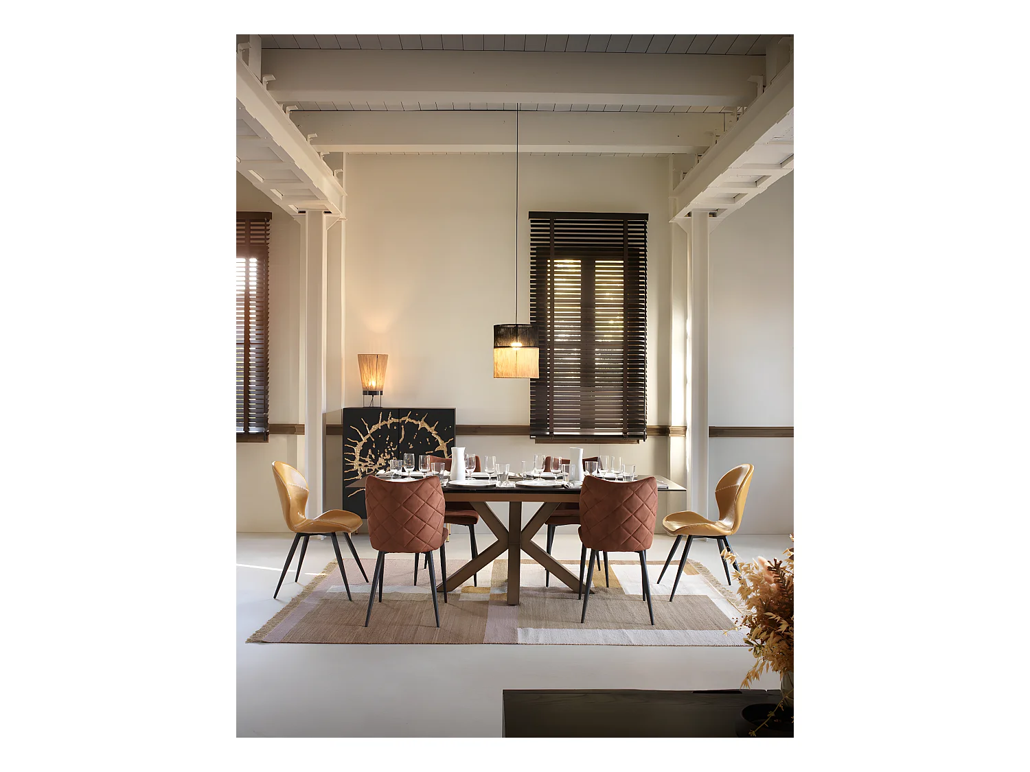 Mesa cerámica extensible blanca 160/210x90 con pie metal color cobre