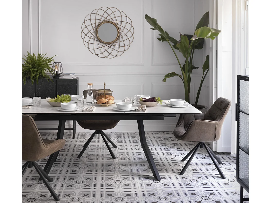 Mesa extensível de cerâmica branca com pés de metal 160/210x90