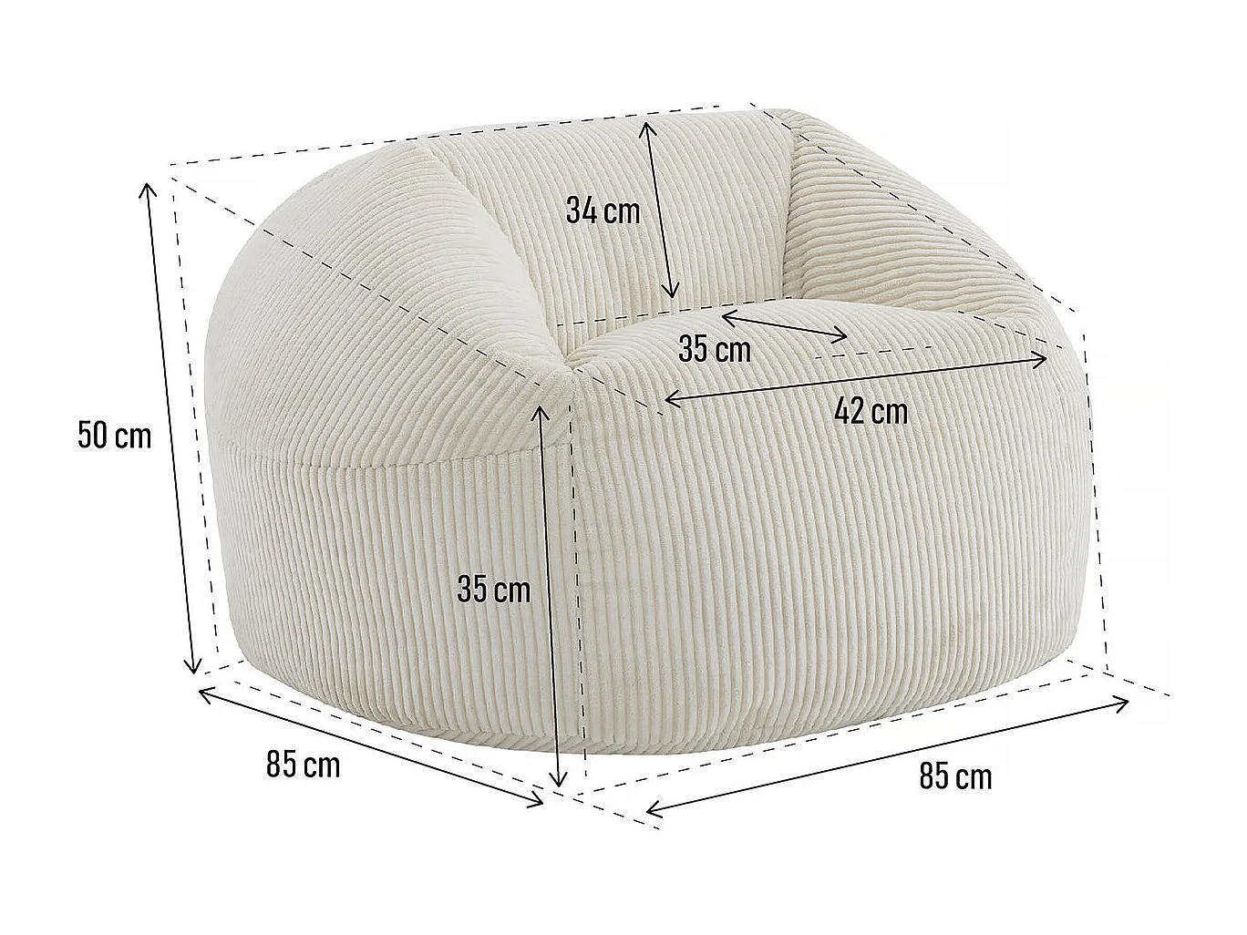 Pouf en velours côtelé  "Cusco" - 80 x 74 x 49 cm - Beige
