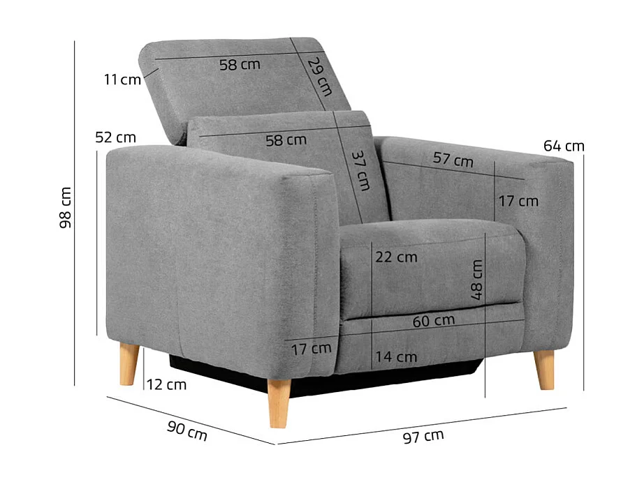 Fauteuil relax électrique en tissu gris avec pieds en bois - POLO