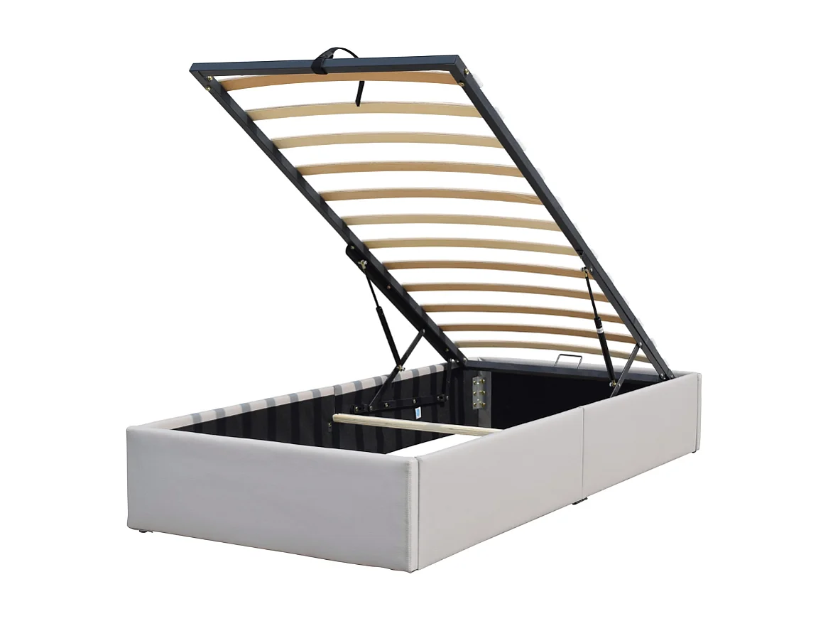 Lit coffre gris Loris 90x200 avec pieds, montage rapide, revêtement PVC facile d'entretien