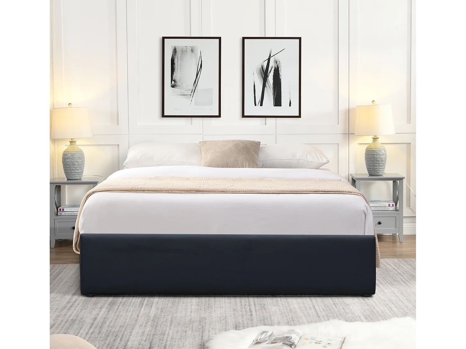 Solide Lit Coffre Gris + Pieds pour Matelas - Loris - Montage Rapide et Facile - revetement PVC Simili Facile d'entretie