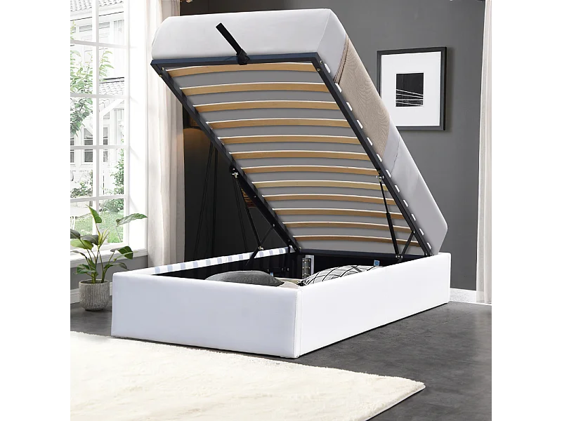 Lit Coffre Gris Loris 90x190cm Pieds Matelas Montage Rapide Revêtement PVC Simili Entretien Facile