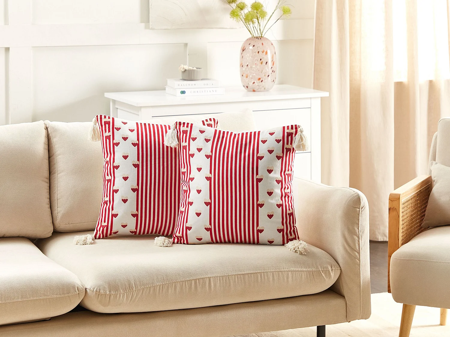 Conjunto de 2 almofadas decorativas BANKSIA Algodão 45 x 45 cm Vermelho Às riscas