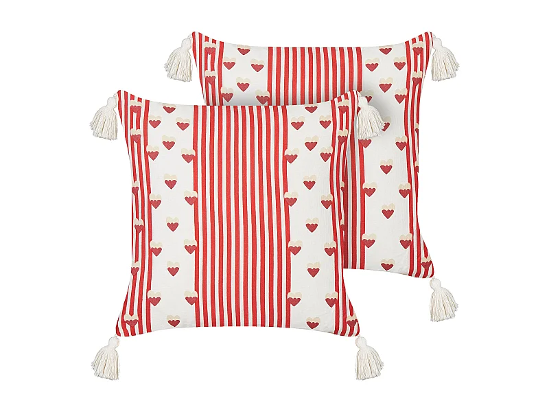 Dekokissen 2er Set Baumwolle rot/ weiß Herzmuster 45 x 45 cm mit Quasten Banksia