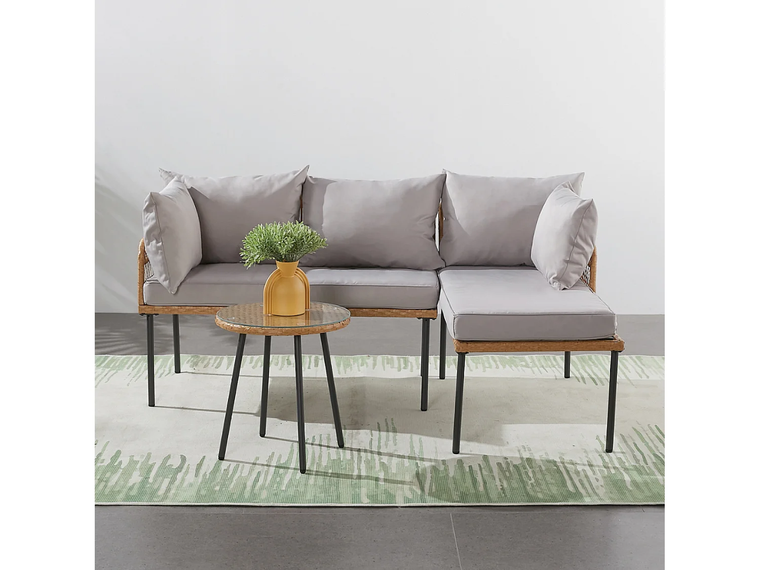 Salotto da giardino ad angolo 3 posti in effetto rattan Lecce con cuscini beige