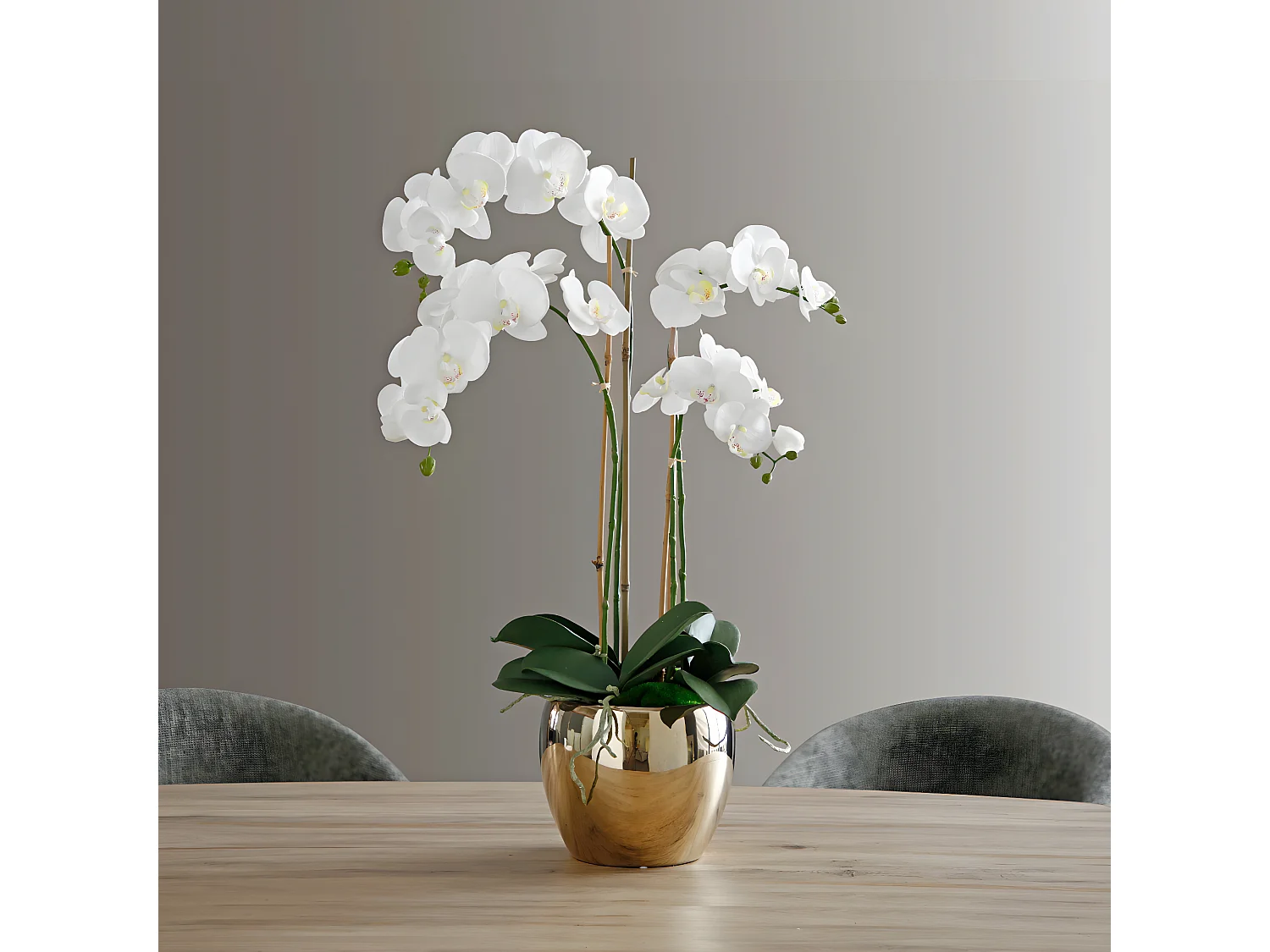 Composition d'Orchidée Artificielle avec vase doré Grand Format - Blanc / 79 cm