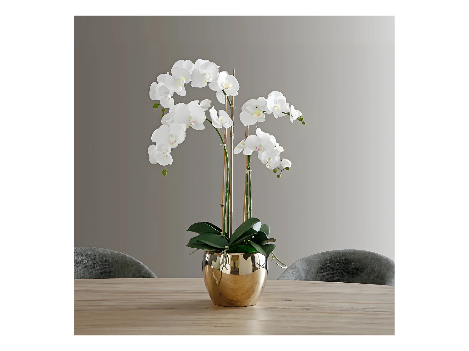 Composition d'Orchidée Artificielle avec vase doré Grand Format - Blanc / 79 cm