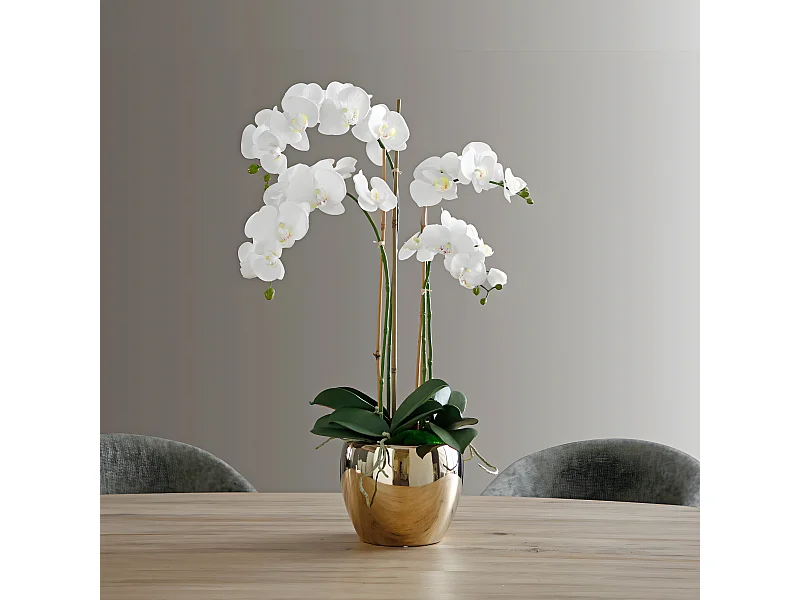 Composition d'Orchidée Artificielle avec vase doré Grand Format - Blanc / 79 cm