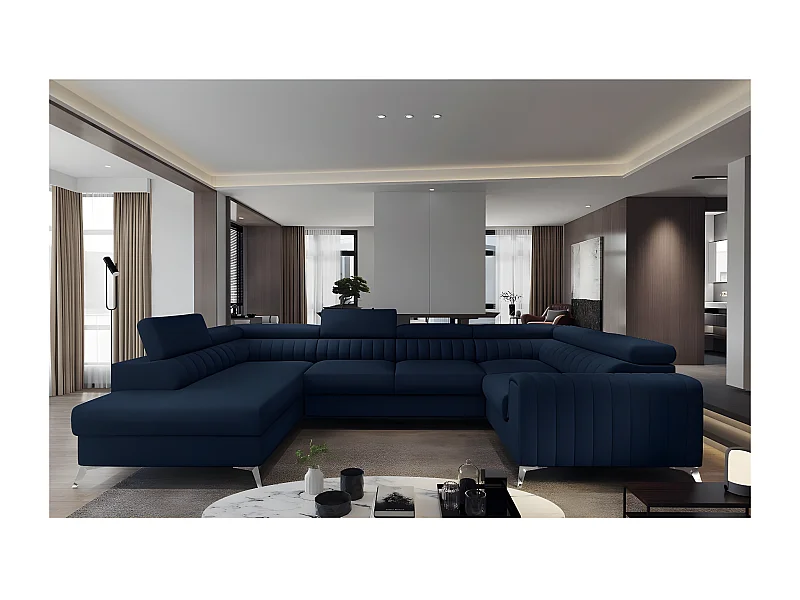 Canapé d'angle convertible LOUCA VELOURS Luxe, 7/8 places, bleu foncé, accoudoir droit (vu de face)