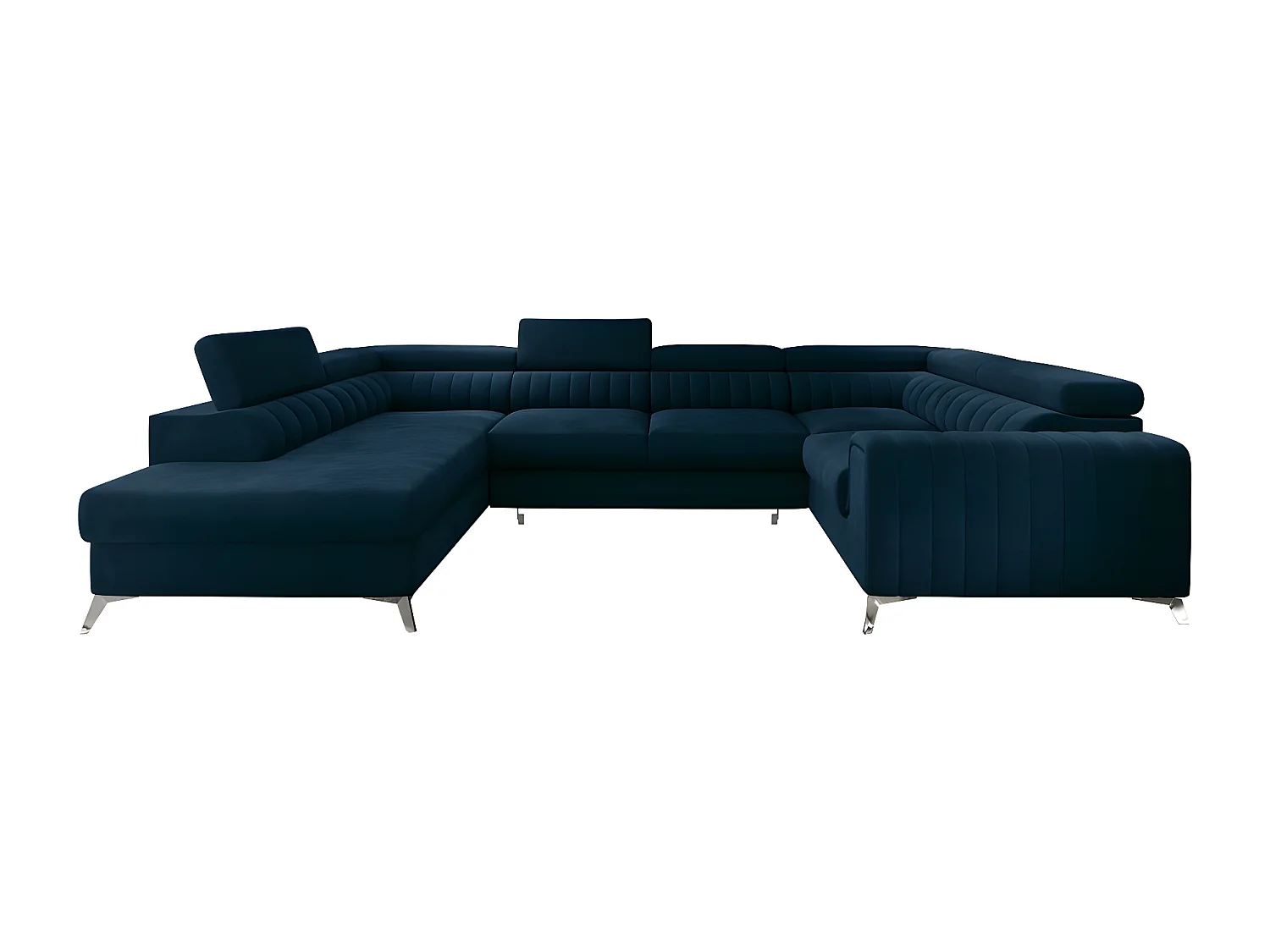 Canapé d'angle convertible LOUCA VELOURS Luxe, 7/8 places, bleu foncé, accoudoir droit (vu de face)