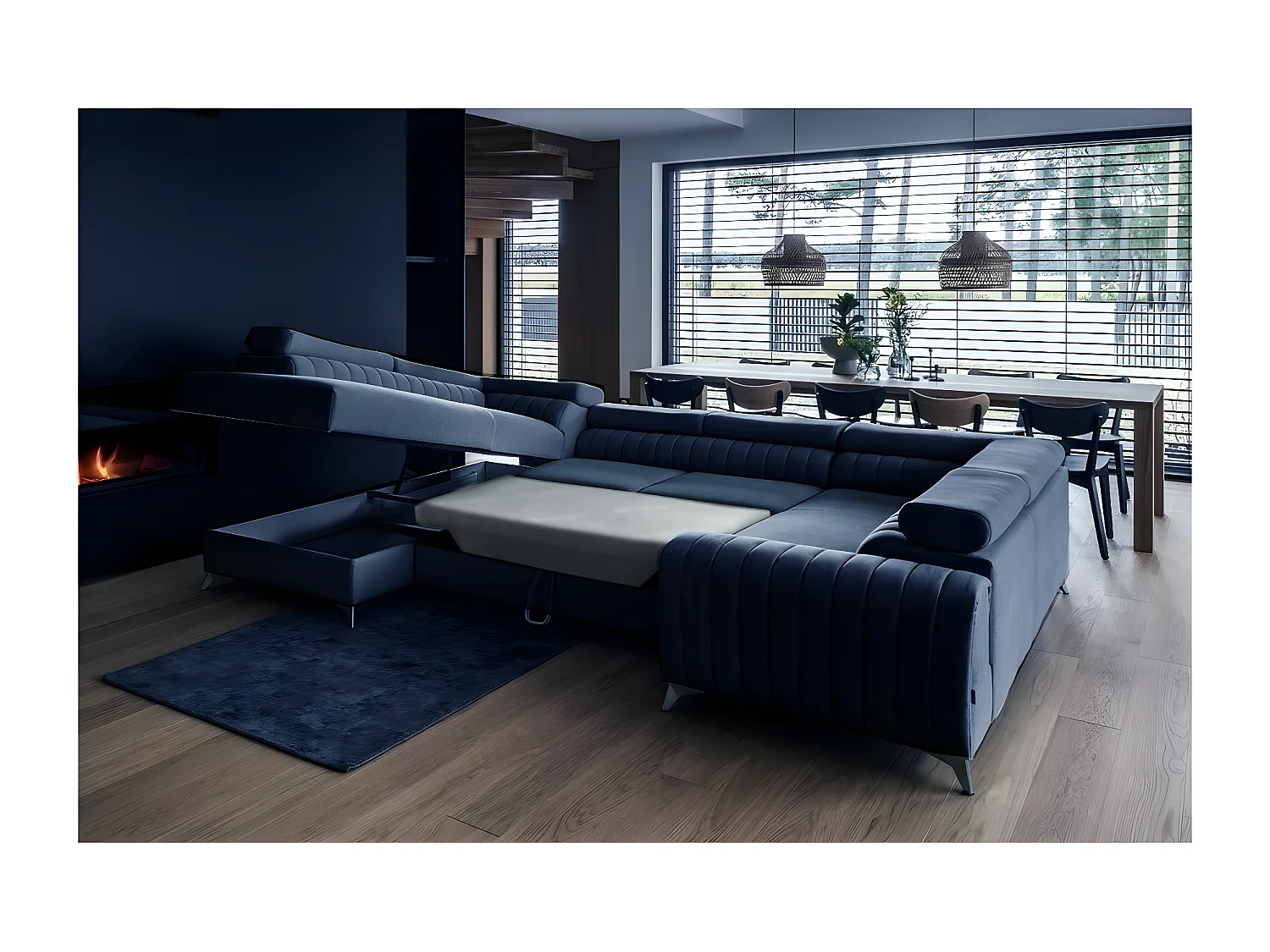 Canapé d'angle convertible LOUCA VELOURS Luxe, 7/8 places, bleu foncé, accoudoir droit (vu de face)