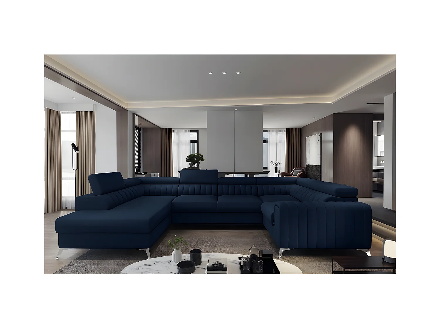Canapé d'angle convertible LOUCA VELOURS Luxe, 7/8 places, bleu foncé, accoudoir droit (vu de face)