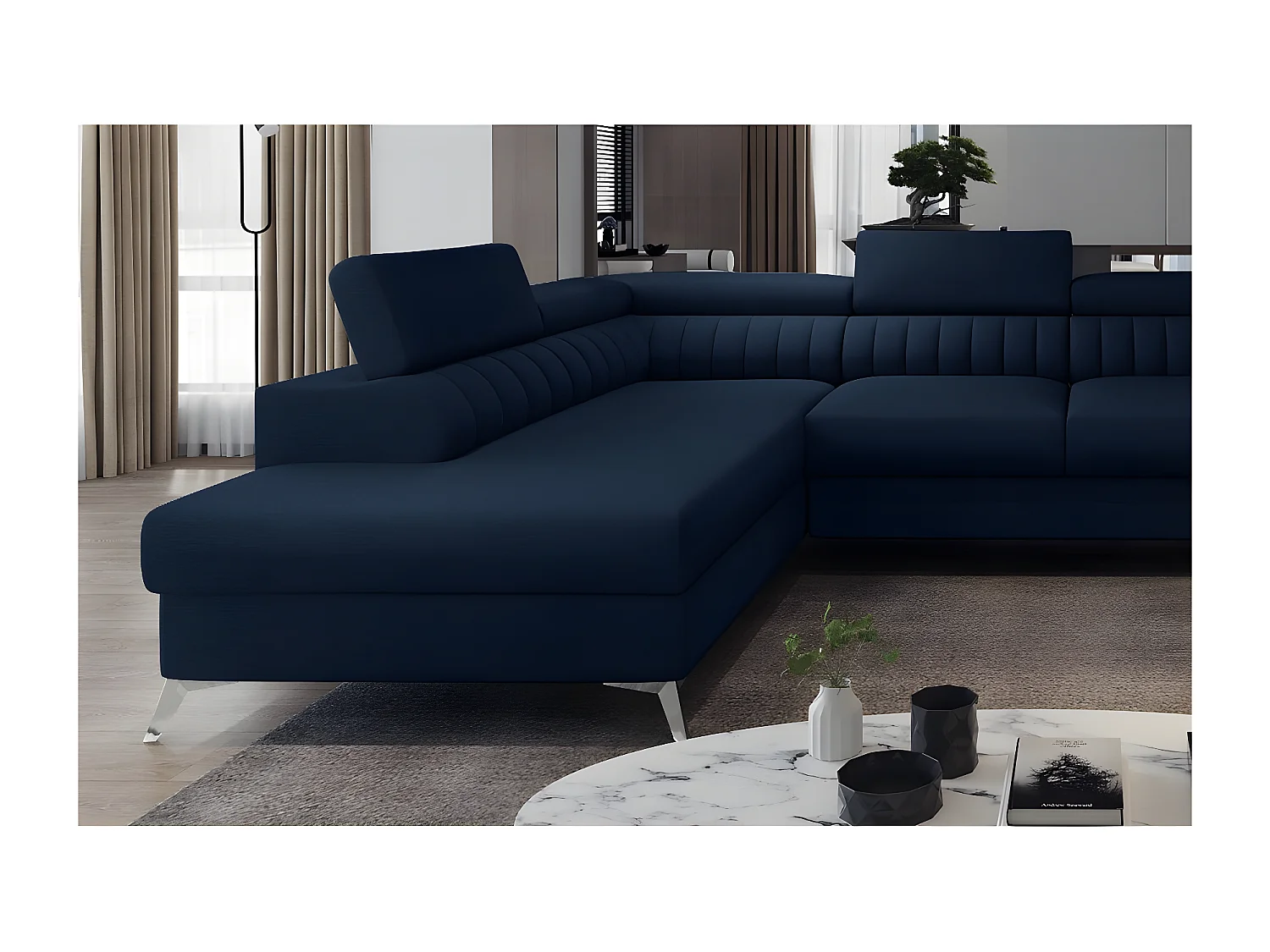 Canapé d'angle convertible LOUCA VELOURS Luxe, 7/8 places, bleu foncé, accoudoir droit (vu de face)