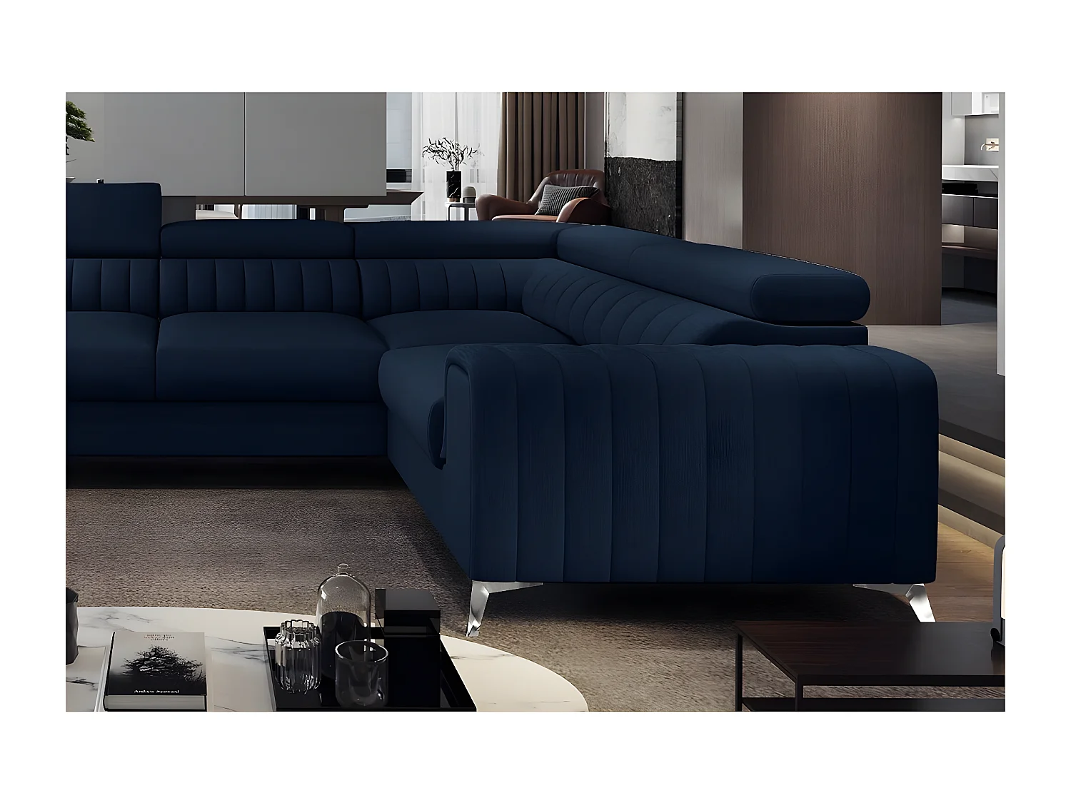 Canapé d'angle convertible LOUCA VELOURS Luxe, 7/8 places, bleu foncé, accoudoir droit (vu de face)