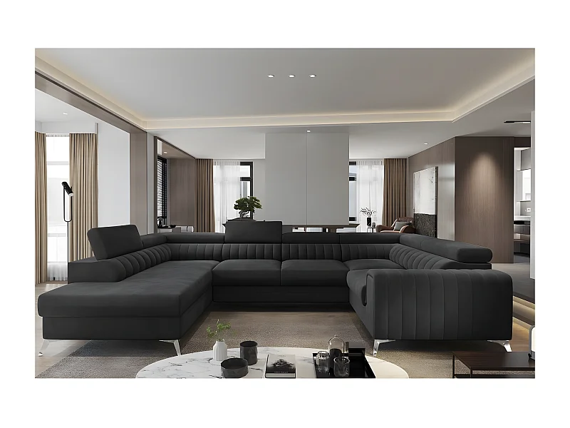 Canapé d'angle convertible LOUCA VELOURS Luxe, 7/8 places, gris anthracite , accoudoir droit (vu de face)