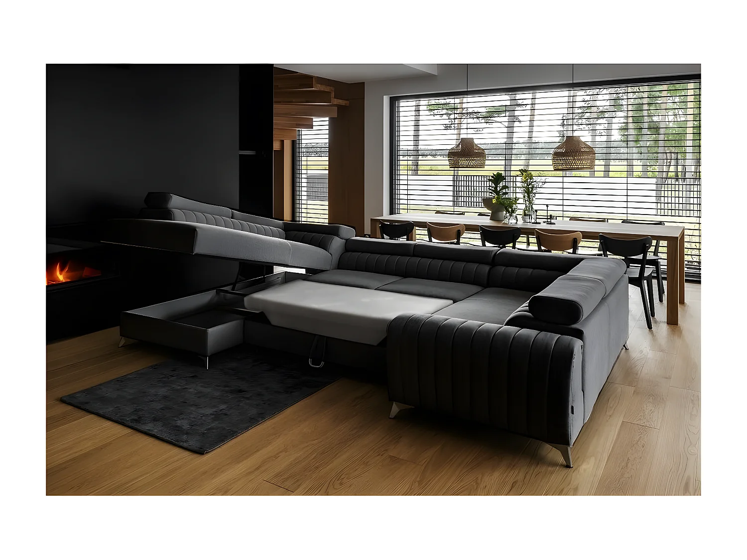 Hoekslaapbank LOUCA VELOURS Luxe met opbergruimte, 7/8 plaatsen, antraciet grijs