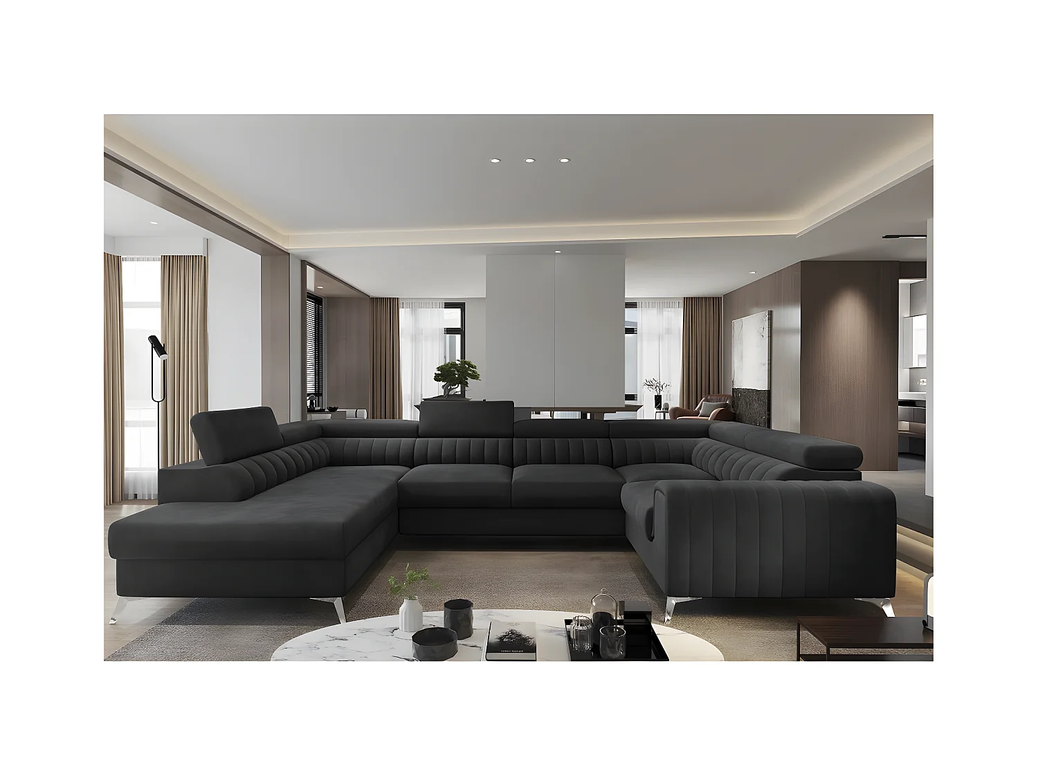 Canapé d'angle convertible LOUCA VELOURS Luxe, 7/8 places, gris anthracite , accoudoir droit (vu de face)