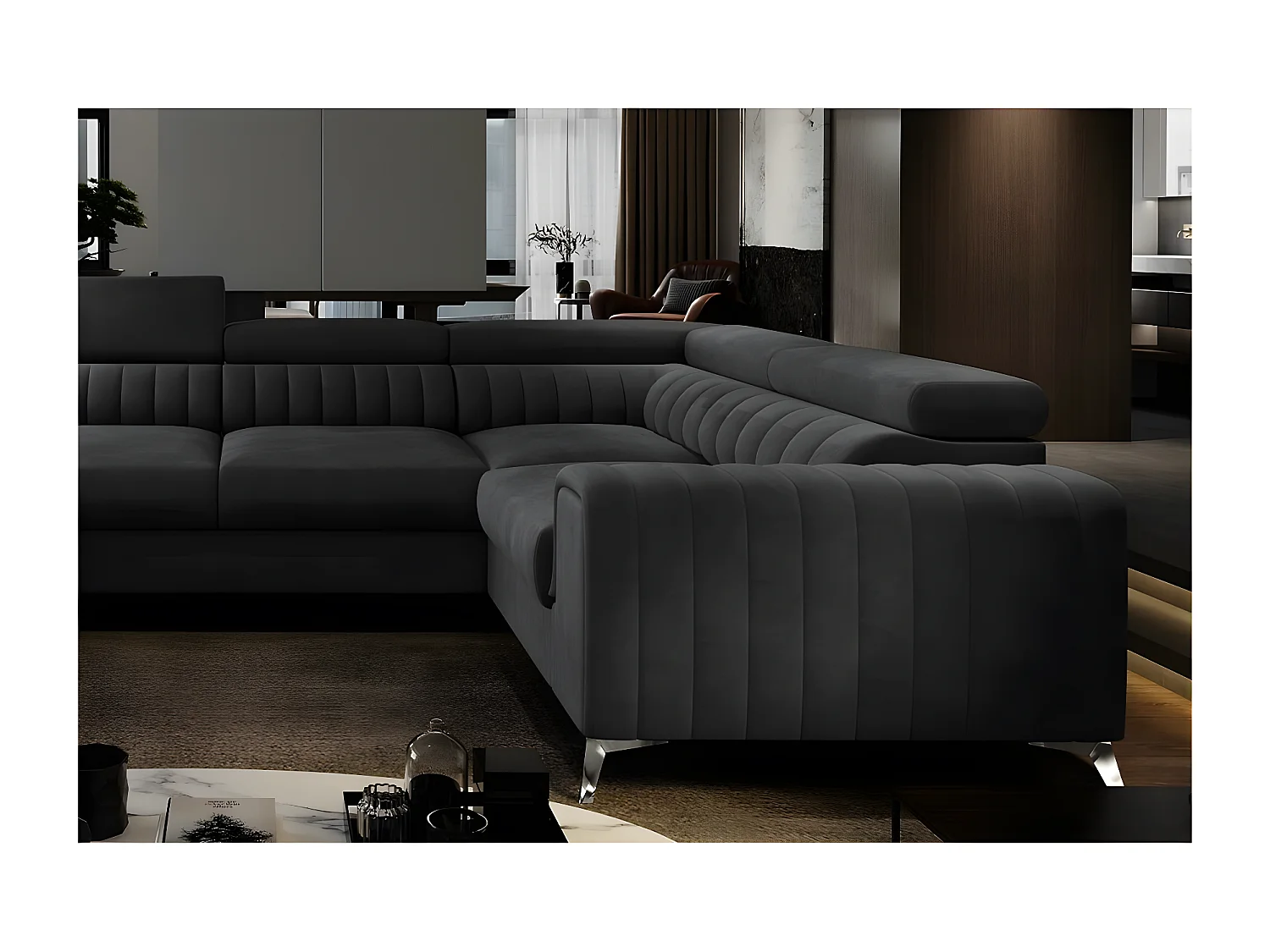 Hoekslaapbank LOUCA VELOURS Luxe met opbergruimte, 7/8 plaatsen, antraciet grijs