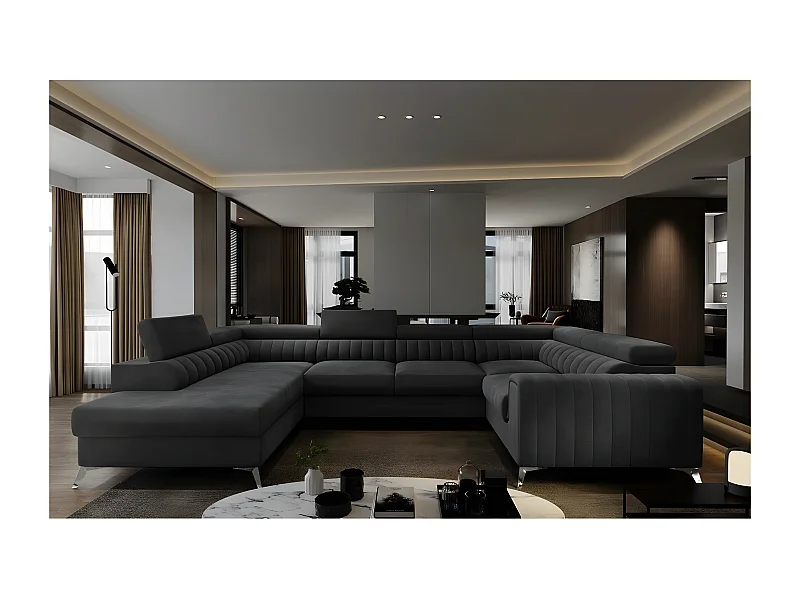 Canapé d'angle convertible LOUCA VELOURS Luxe, 7/8 places, NOIR, accoudoir droit (vu de face)