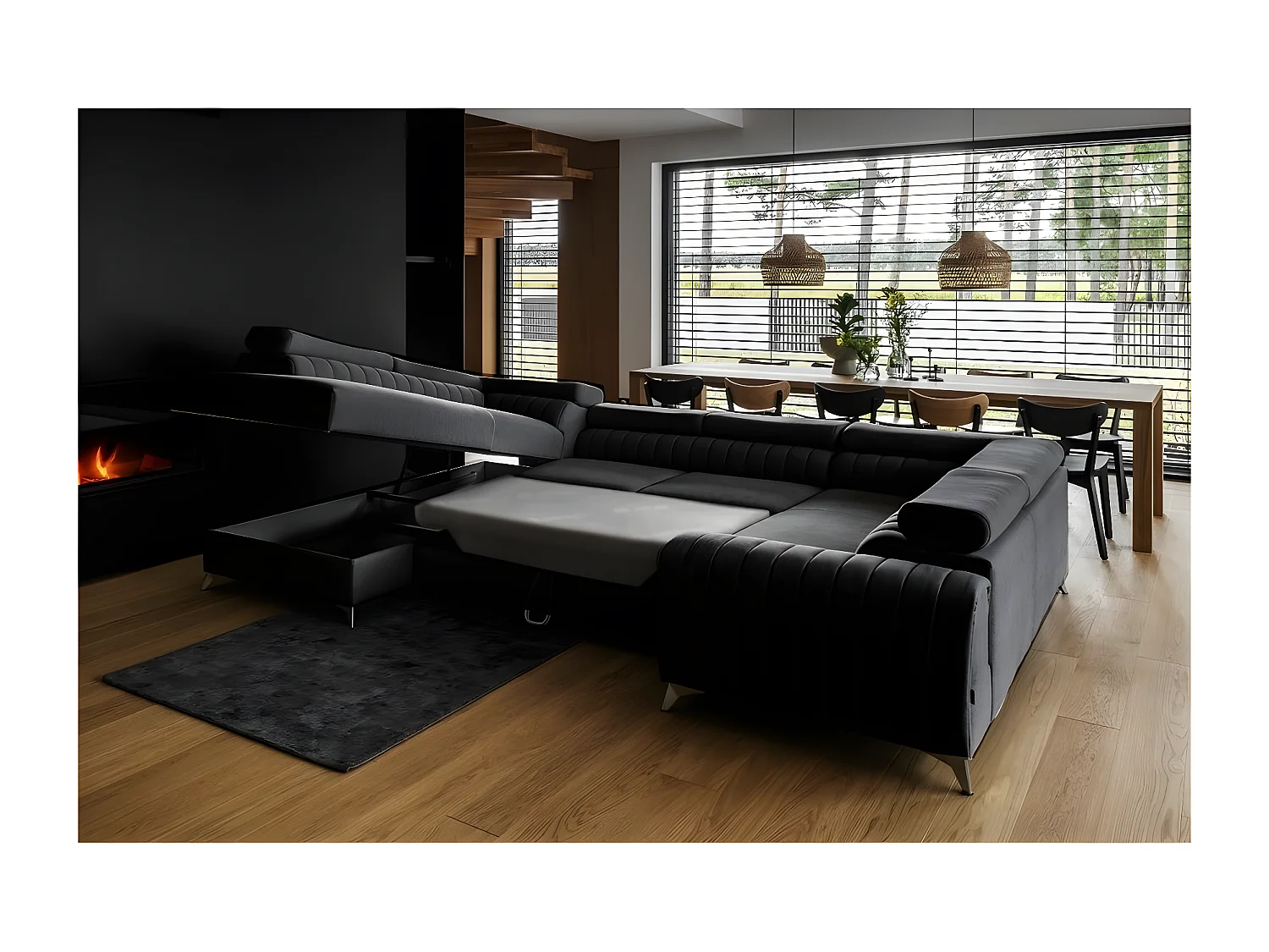 Canapé d'angle convertible LOUCA VELOURS Luxe, 7/8 places, NOIR, accoudoir droit (vu de face)