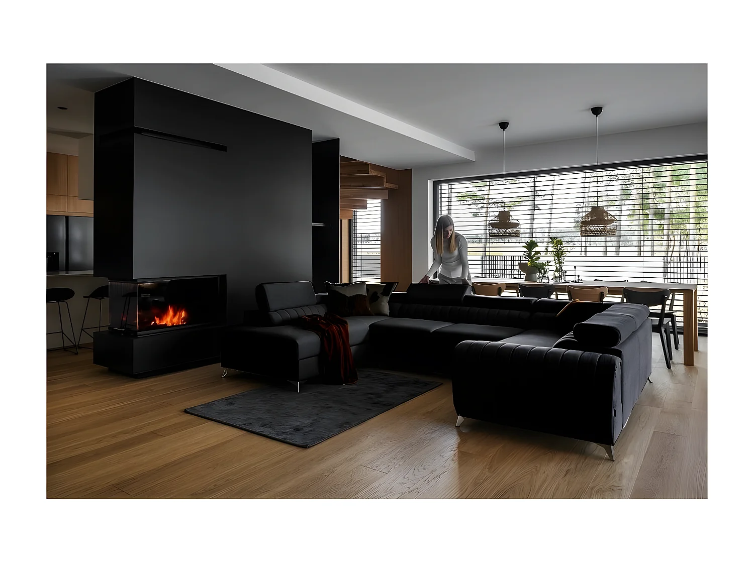 Canapé d'angle convertible LOUCA VELOURS Luxe, 7/8 places, NOIR, accoudoir droit (vu de face)