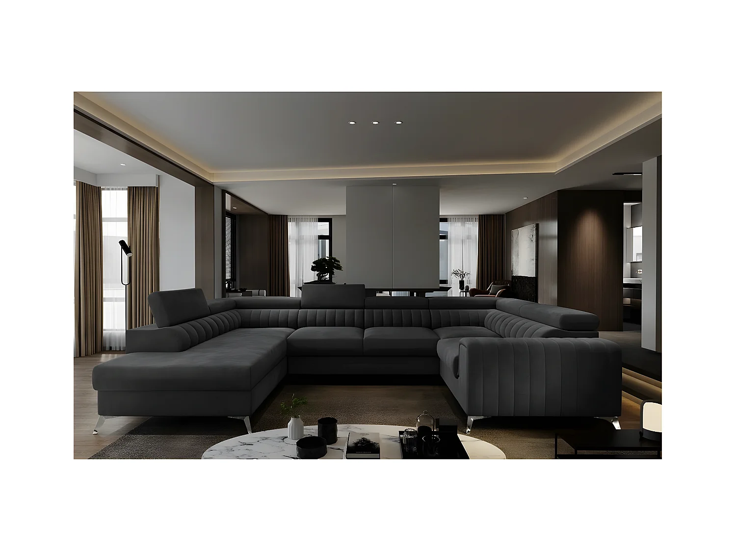 Canapé d'angle convertible LOUCA VELOURS Luxe, 7/8 places, NOIR, accoudoir droit (vu de face)