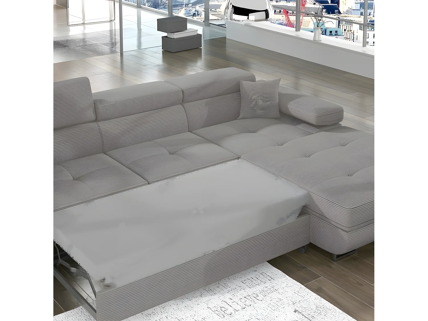 Canapé d'angle convertible ARMEL en velours cottelé luxe 5 places, couleur gris, avec coffre, angle droit (vu de face)