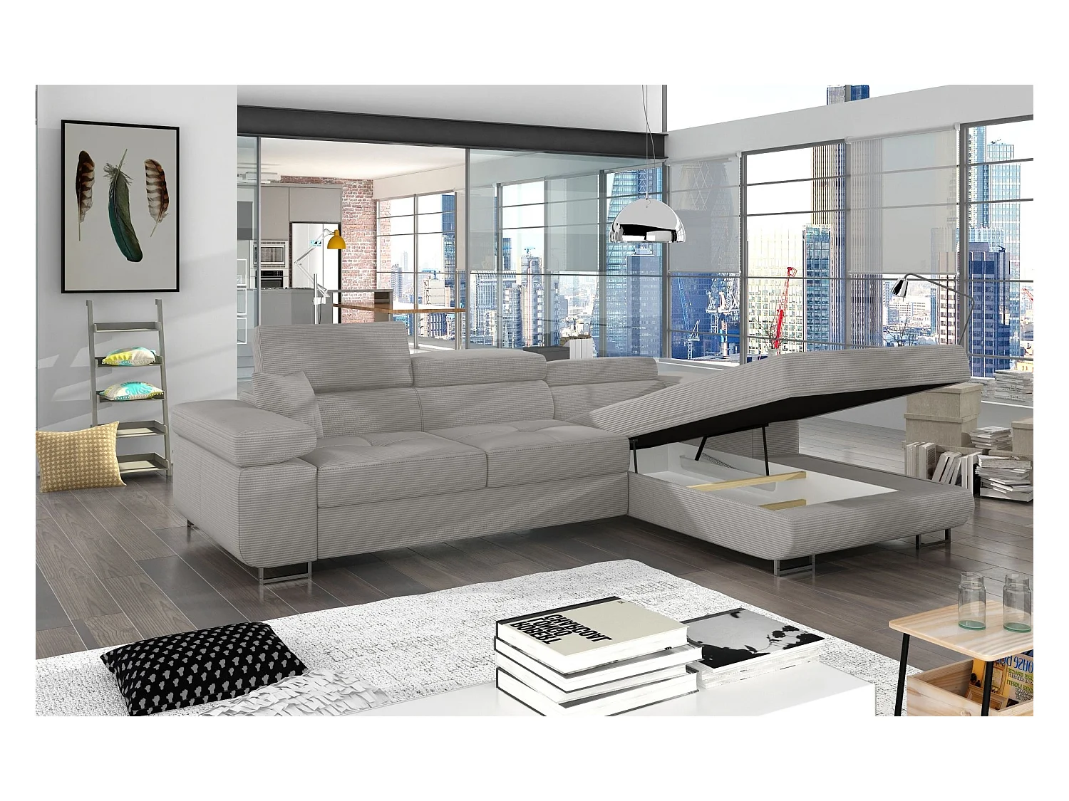 Canapé d'angle convertible ARMEL en velours cottelé luxe 5 places, couleur gris, avec coffre, angle droit (vu de face)