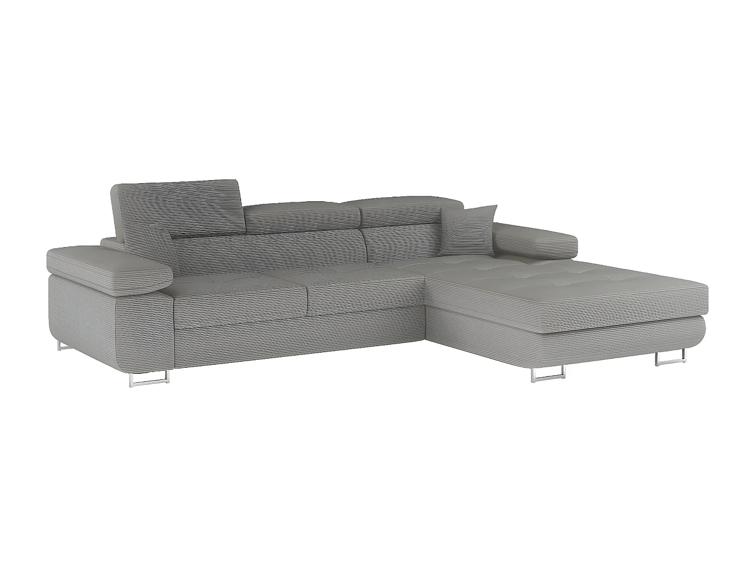 Canapé d'angle convertible ARMEL en velours cottelé luxe 5 places, couleur gris, avec coffre, angle droit (vu de face)