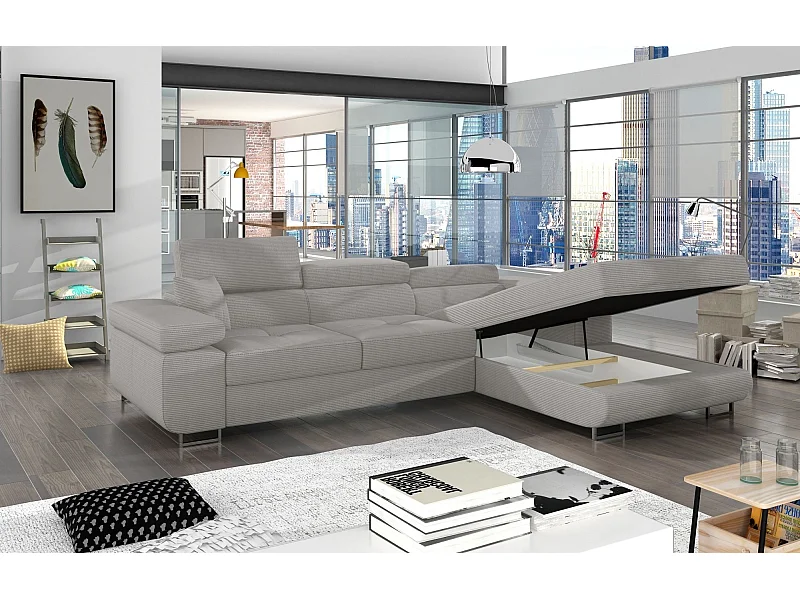 Canapé d'angle convertible ARMEL en velours cottelé luxe 5 places, couleur gris, avec coffre, angle droit (vu de face)