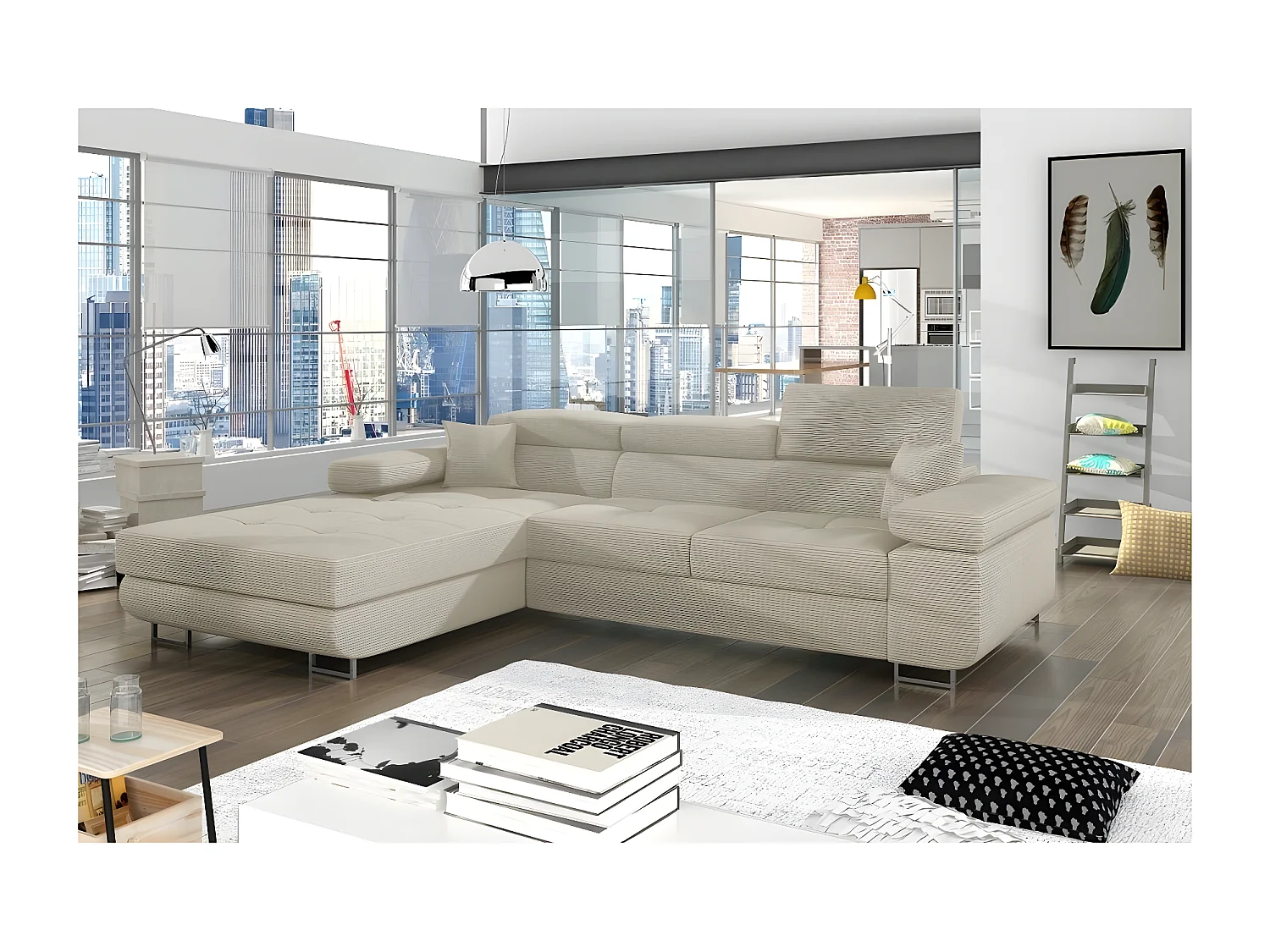 Canapé d'angle convertible - ARMEL en velours cottelé luxe 5 places, couleur beige, coffre, angle gauche (vu de face)