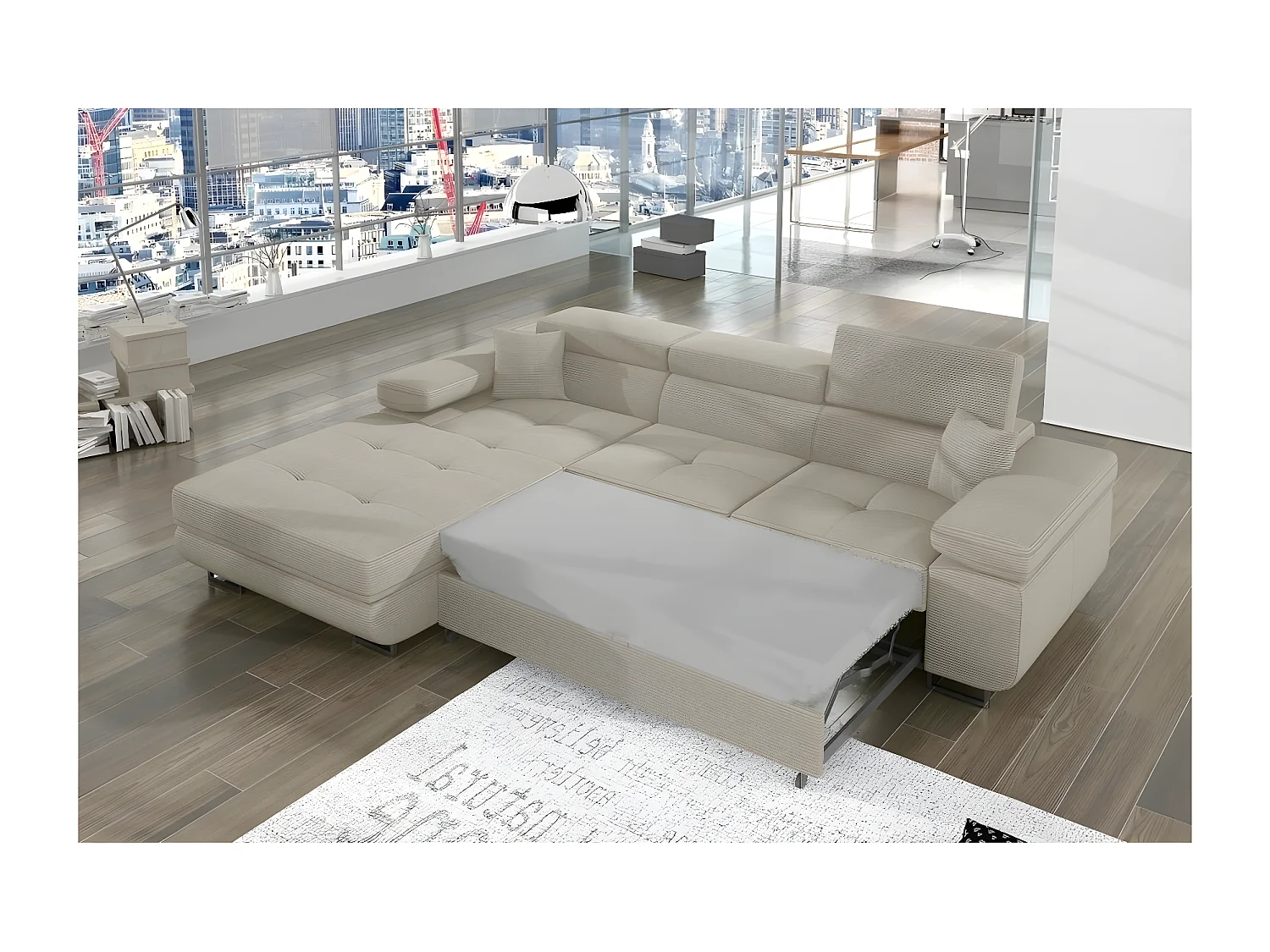 Canapé d'angle convertible - ARMEL en velours cottelé luxe 5 places, couleur beige, coffre, angle gauche (vu de face)