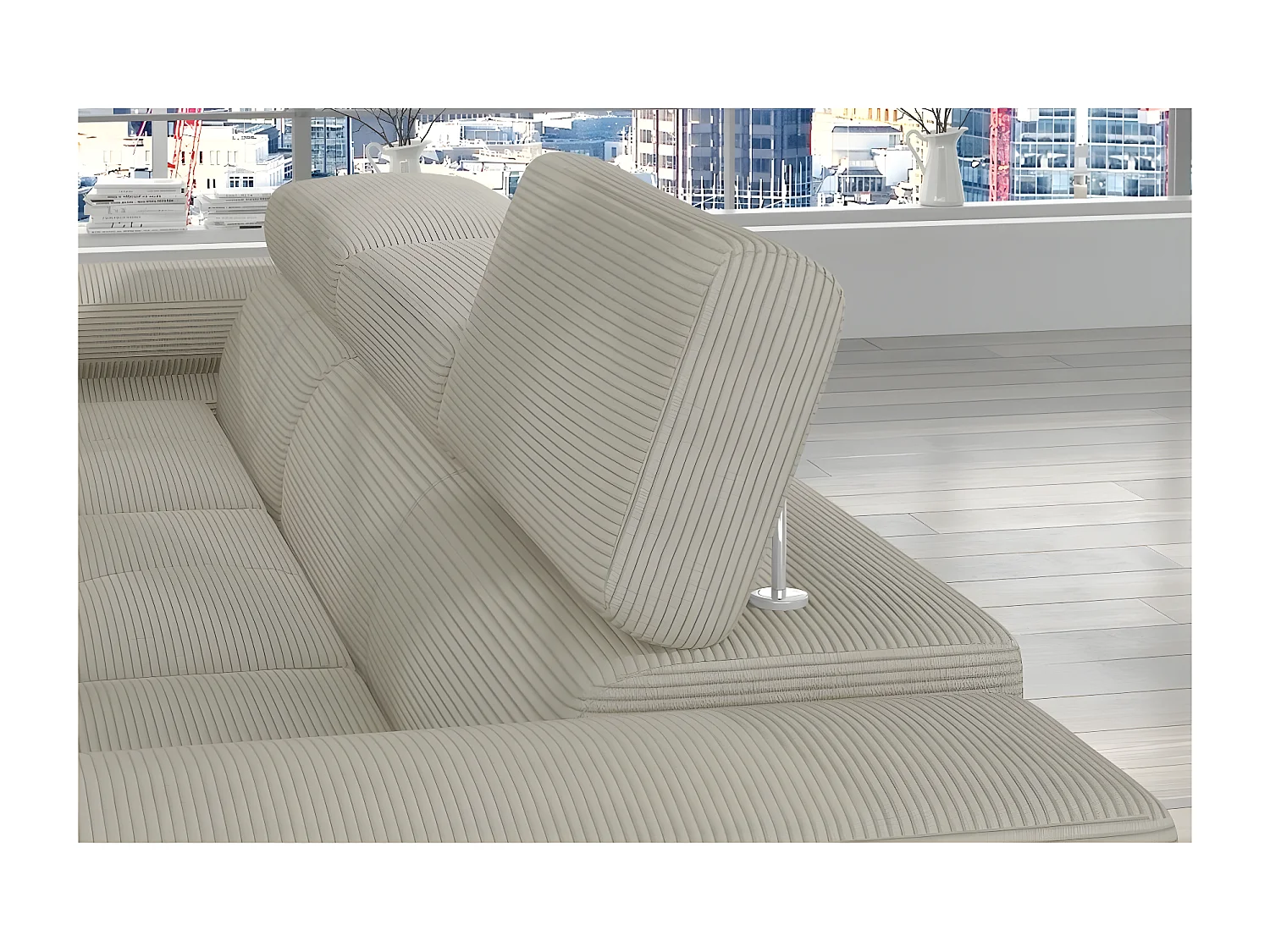 Canapé d'angle convertible - ARMEL en velours cottelé luxe 5 places, couleur beige, coffre, angle gauche (vu de face)