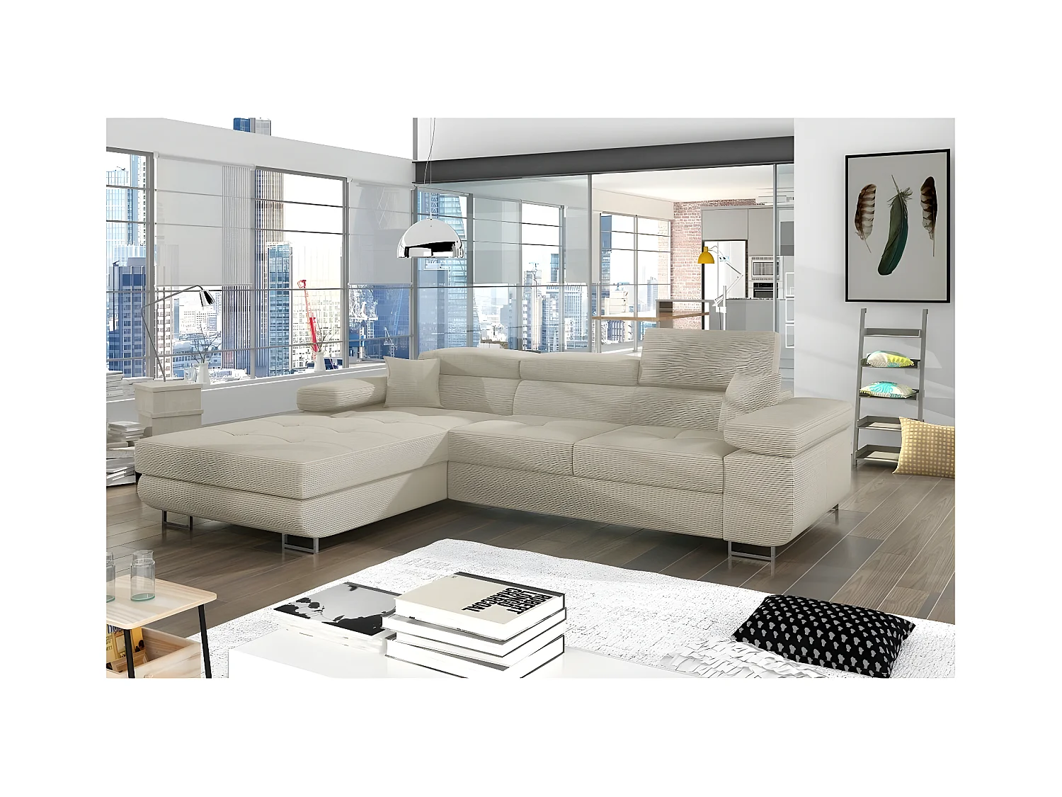 Canapé d'angle convertible - ARMEL en velours cottelé luxe 5 places, couleur beige, coffre, angle gauche (vu de face)