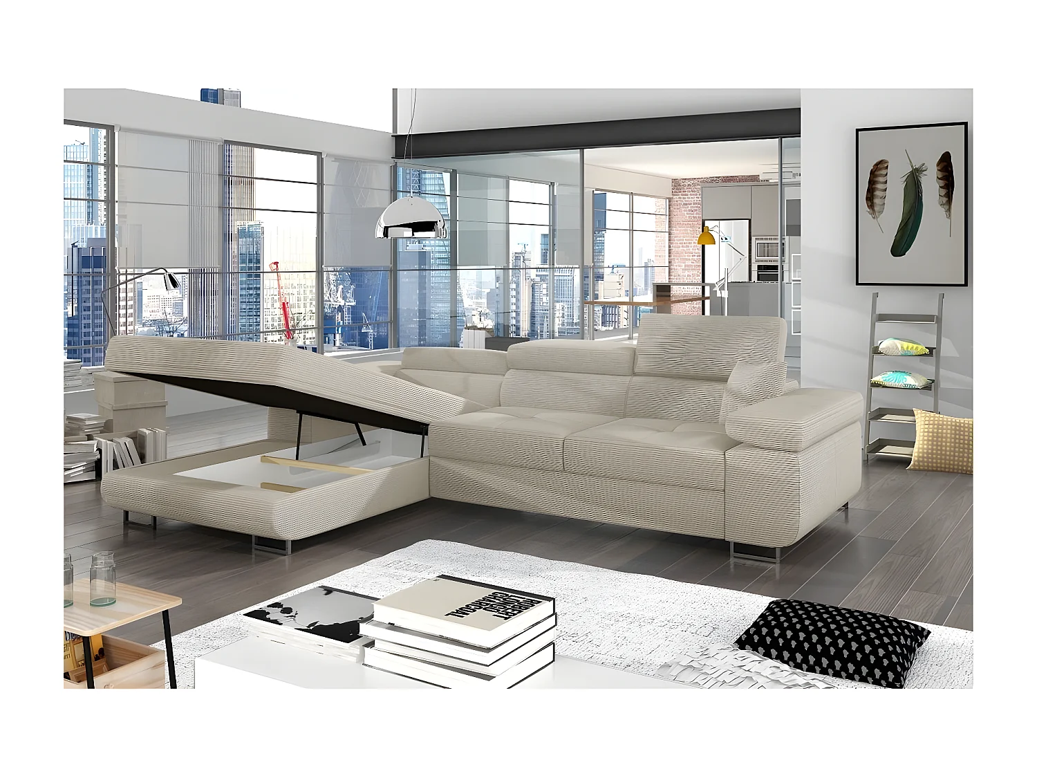 Canapé d'angle convertible - ARMEL en velours cottelé luxe 5 places, couleur beige, coffre, angle gauche (vu de face)