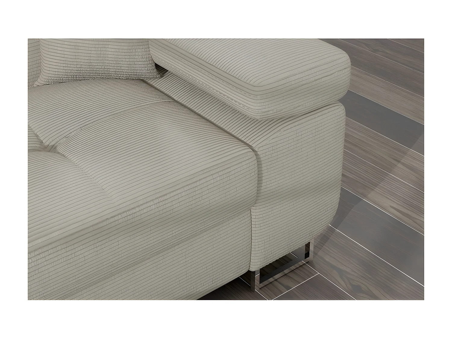 Canapé d'angle convertible - ARMEL en velours cottelé luxe 5 places, couleur beige, coffre, angle gauche (vu de face)