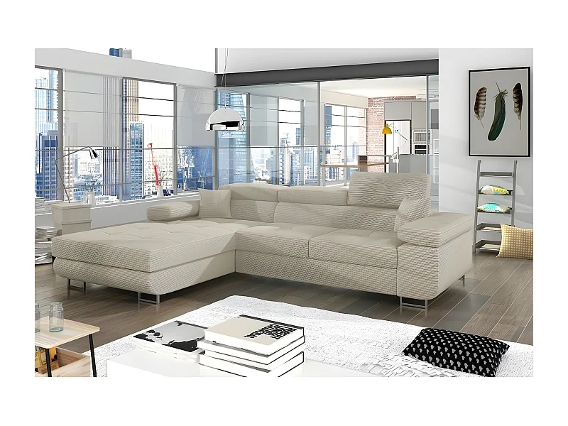 Canapé d'angle convertible - ARMEL en velours cottelé luxe 5 places, couleur beige, coffre, angle gauche (vu de face)