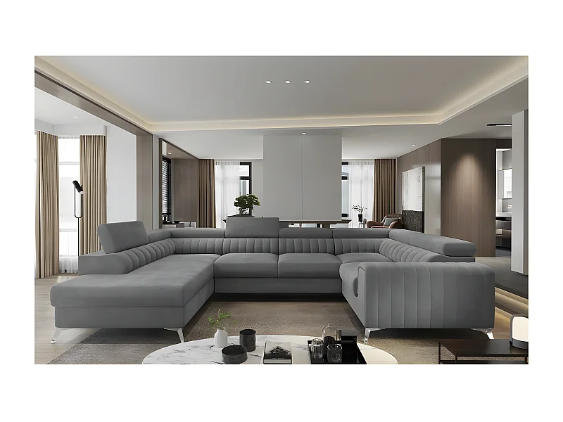 Canapé d'angle convertible LOUCA VELOURS Luxe, 7/8 places, gris , accoudoir droit (vu de face)