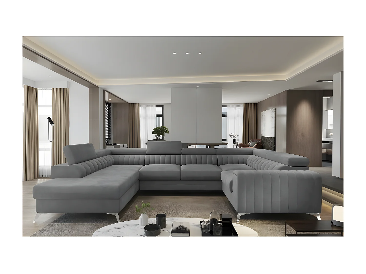 Canapé d'angle convertible LOUCA VELOURS Luxe, 7/8 places, gris , accoudoir droit (vu de face)