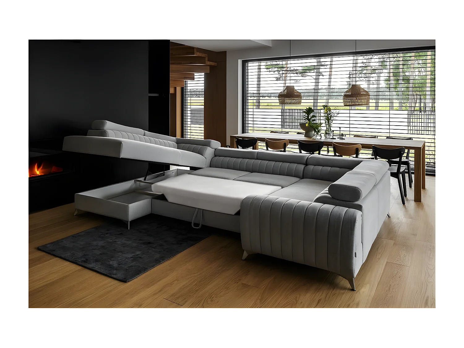 Canapé d'angle convertible LOUCA VELOURS Luxe, 7/8 places, gris , accoudoir droit (vu de face)